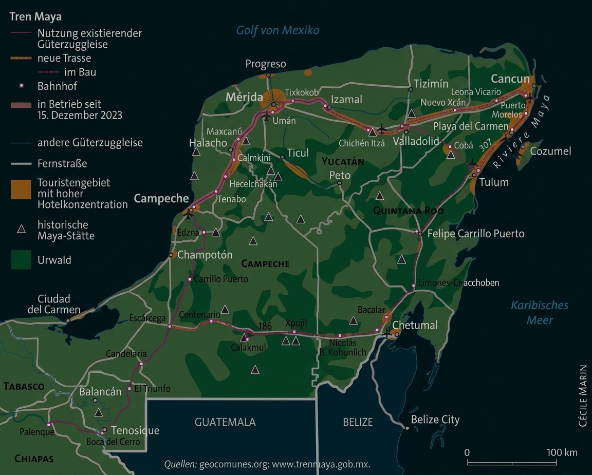 Detaillierte deutschsprachige Karte des mexikanischen Tren Maya-Projekts auf der Halbinsel Yucatán.